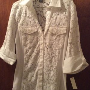 New lace and ribbed cotton 3/4 sleeve shirt